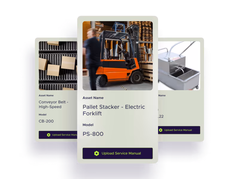 Three stacked asset cards showing industrial equipment: a conveyor belt with boxes, an orange electric forklift with a person walking past, and a metallic industrial machine, each with model numbers and an 'Upload Service Manual' button.